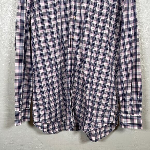 Peter Millar Men L Tall Blue White Pink Plaid Button Front Shirt Long Sleeve - Picture 2 of 8